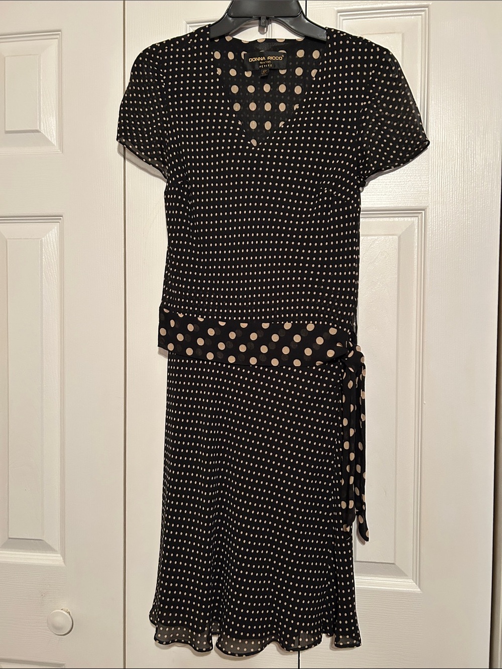 Donna Ricco Black and Cream Polka Dot Waist Tie Dress
